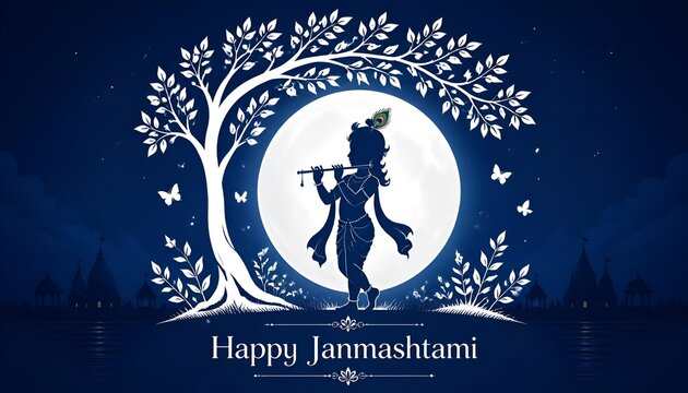 Baby Krishna Playing Flute Digital Painting with Happy Janmashtami text