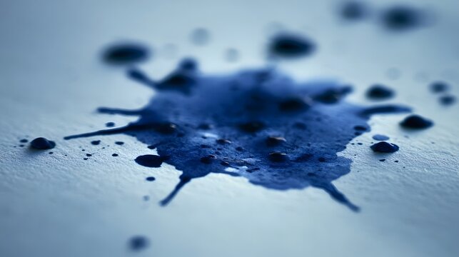 A dark blue ink stain spreads across a light textured surface with blurred droplets surrounding its edges