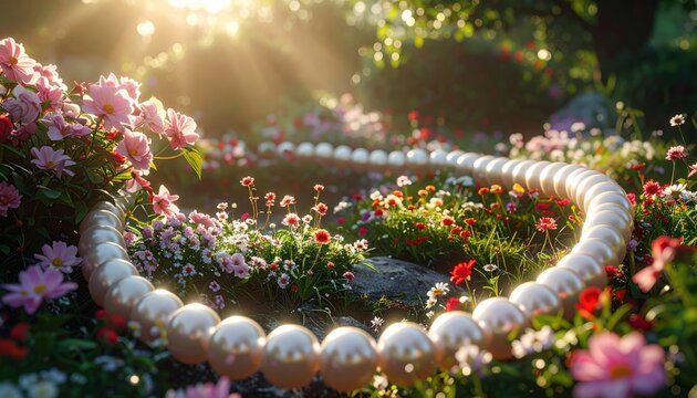 A giant pearl necklace surrounding a small flower garden, luxury feminine concept