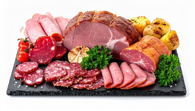 Cold smoked meat platter isolated on white background