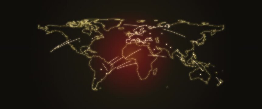 Cinematic widescreen world map flight paths anamorphic seamless loop