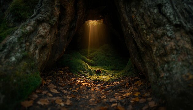 A single beam of warm sunlight pierces through the dark opening of a hollow ancient tree cavern, illuminating lush green moss and scattered autumn leaves on the forest floor. Nestled within the dark, 