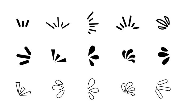Abstract comic sparkle elements in black lines and solid shapes for decorative splash effects in cartoon design and vector graphic layouts to enhance motion visuals and energetic character bursts.