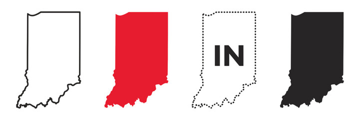 Indiana state map icon set. US state silhouette in outline, filled, dotted and labeled styles sign. State border and location symbol. American geography pictogram © mstshima