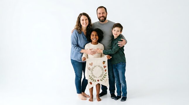 Diverse multiethnic family standing together holding decorative banner against clean bright white studio background with warmly while standing