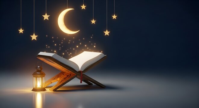 Open holy Quran book on a wooden stand with glowing lantern and crescent moon night background
