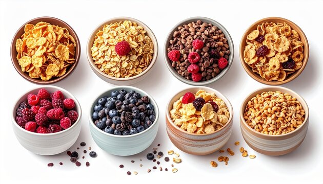 Bowls filled with assorted breakfast cereals isolated on white background