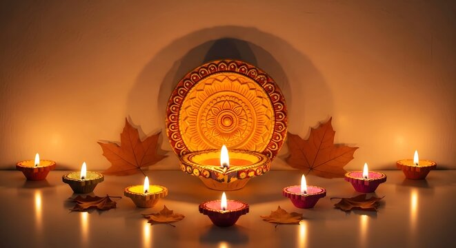 Warm glow of lit Diya lamps and decorative rangoli for a Diwali celebration