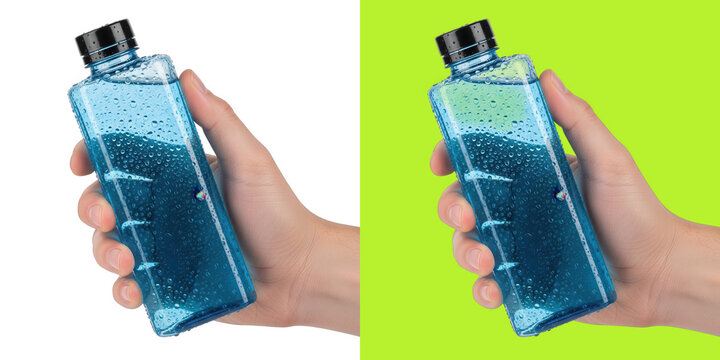 Person holding square blue water bottle