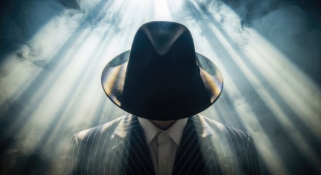 Classic fedora hat and pinstripe suit coat visible through dense smoke clouds within a dark moody setting featuring dramatic lighting effects, suit, low key, black and white