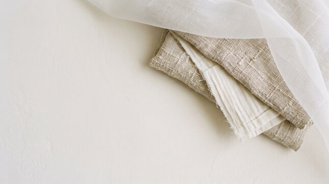 Minimalist flat lay photography of natural linen and sheer fabric on a textured plaster wall, a serene and gentle composition for a slow living blog or product mockup.