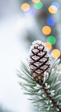 Detailed macro of a frosted pine cone nestled among snow-covered pine needles with magical bokeh lights in a serene wintry forest setting, cone, cold, flora