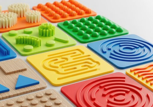 Detailed view of vibrant tactile sensory panels on adaptive playground equipment featuring textured surfaces and shapes for inclusive play, geometry, vibrant, interactive