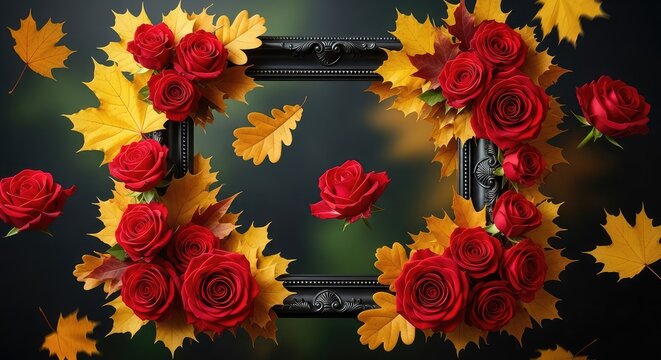 Elegant black frame surrounded by red roses and golden autumn leaves falling against a dark moody background with ample copy space included, black, dramatic, mockup