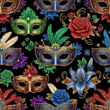 Elegant seamless pattern featuring ornate masquerade masks and blooming floral elements with intricate gold accents on a dark background, leaves, fabric, sophisticated