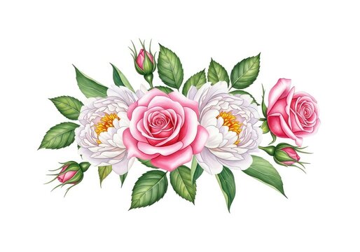 Elegant watercolor painting showing a soft arrangement of delicate pink roses and white peonies with green leaves on a clean background, arrangement, creative, spring