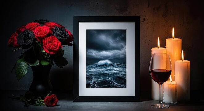 Elegant still life featuring a black picture frame, dark roses, burning candles and a glass of wine against a moody, shadowy background, roses, decorative, negative space