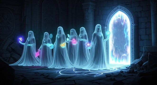 Ethereal spectral spirits stand beside a shimmering arcane portal, offering glowing enchanted relics and mystical artifacts in a dark ruin, shadow, enchanted, guardians