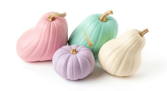 Four elegant pastel pumpkins in soft shades of pink, mint, lavender, and cream, isolated on a white background for autumn season home decor, colorful, autumn, festive