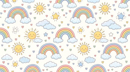 Fototapeta premium Whimsical seamless pattern with cute pastel rainbows, happy suns, fluffy clouds, and twinkling stars