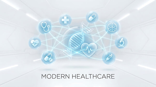 Modern healthcare digital interface, futuristic medical technology icons, blue DNA helix and science research concept