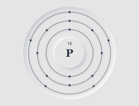 Neomorphic periodic table diagram showing Phosphorus atomic structure with orbiting electrons.
