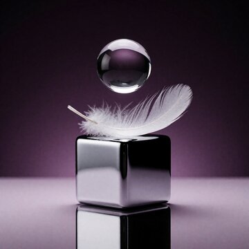 Chrome cube supports soft feather with glass sphere levitating above. Geometric objects rest on glossy surface in studio against dark purple backdrop. Concept of balance and paradox.