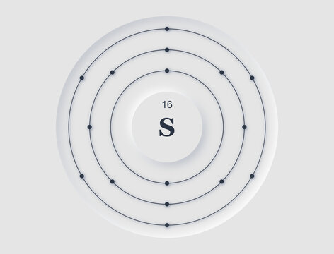 Neomorphic periodic table diagram showing Sulfur  atomic structure with orbiting electrons.