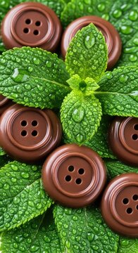 Macro shot of smooth milk chocolate buttons nestled among vibrant green mint leaves covered in crystal clear morning dew droplets, isolated, dew, leaves