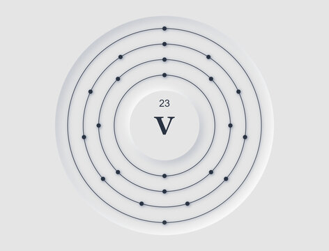 Neomorphic periodic table diagram showing Vanadium atomic structure with orbiting electrons.