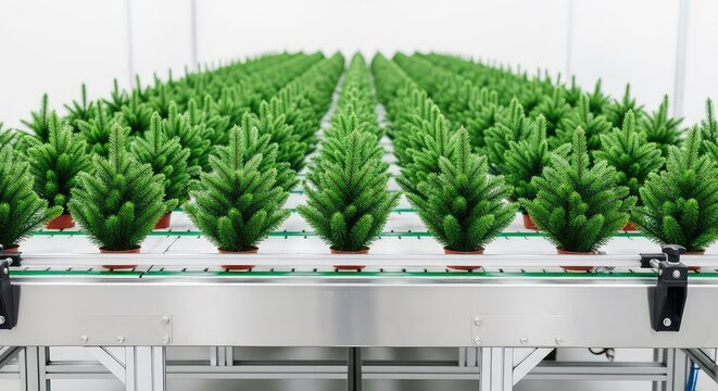 Rows of small artificial evergreen trees move steadily along a metallic conveyor belt inside a bright, modern manufacturing facility plant, bright, factory, indoor