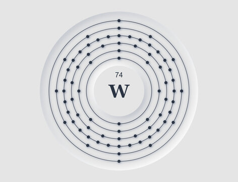 Neomorphic periodic table diagram showing Tungsten atomic structure with orbiting electrons.