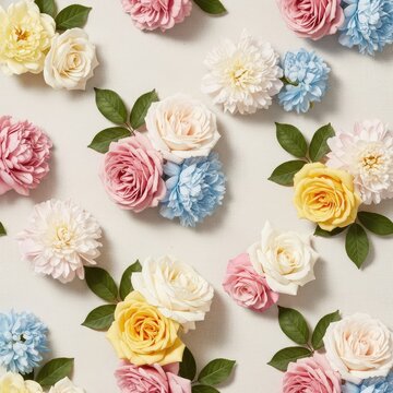 This elegant seamless floral pattern features vintage roses and soft peonies in pastel tones arranged across a neutral cream background fabric, summer, garden, background
