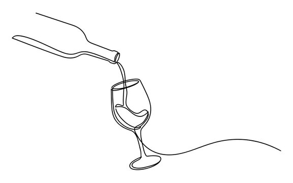 Continuous line drawing of wine being poured from a bottle into a glass