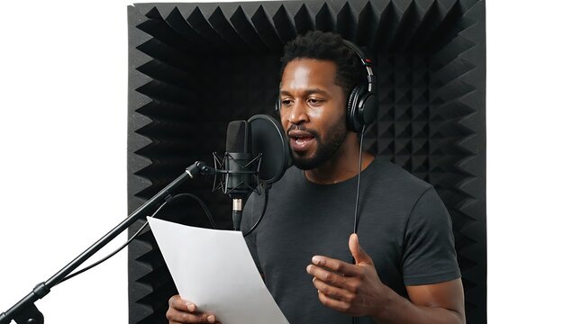 Professional voice actor recording script inside soundproof booth wearing headphones using large condenser microphone setup with soundproof acoustic studio