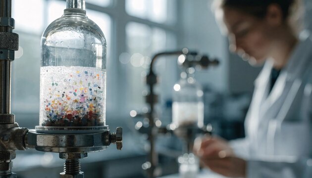 Scientist conducting microplastic filtration analysis inside a professional laboratory setting