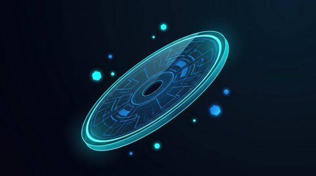 Futuristic Glowing Blue Digital Disk with Particles in Dark Space