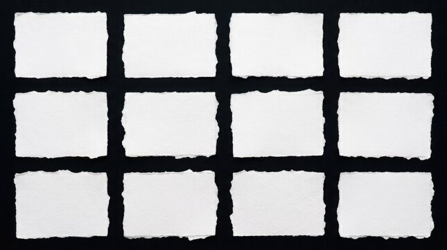 This captivating image showcases a grid of nine rectangular paper pieces all dramatically torn around the edges creating a fragmented and distressed