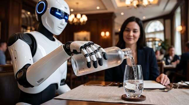A humanoid robot pours water from a bottle into a glass for a woman sitting at a table in a restaurant.