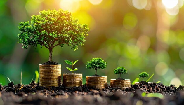Business savings concept with coins growing into digital trees