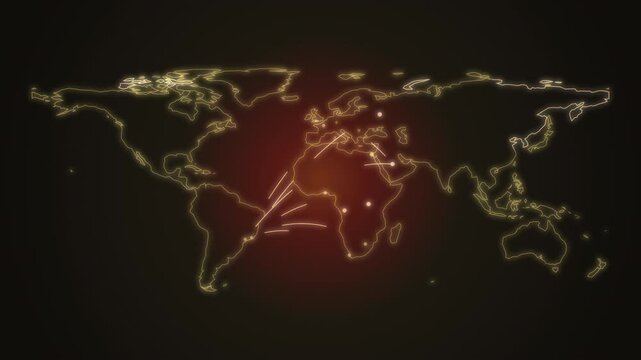 Glowing world map flight paths over amber background seamless loop