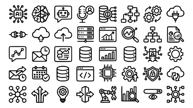 Artificial intelligence and big data processing line icon set featuring machine learning, database servers, cloud computing, analytics charts, chatbot assistants, and automation workflow elements vect