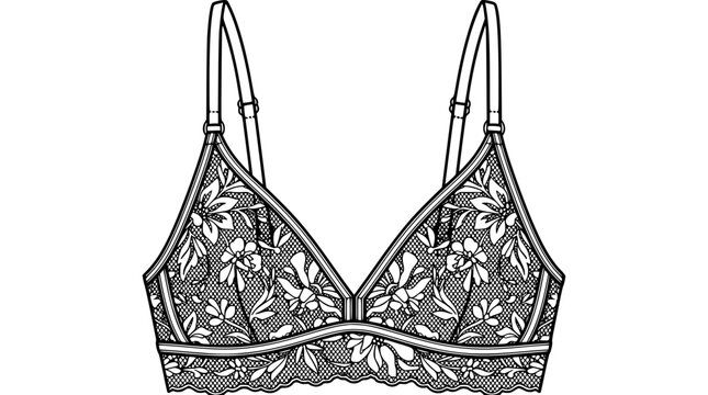 Fashion technical sketch of a lace bralette featuring adjustable shoulder straps, triangle cups with intricate floral patterns, and a scalloped elastic underband