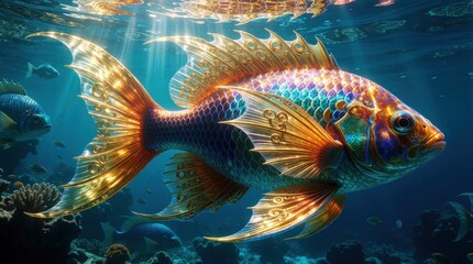 Fototapeta premium Colorful exotic fish swims in deep blue ocean. Vibrant tropical creature with glowing scales, intricate patterns moves through coral reef. Magical underwater life with shimmering fins, bright hues
