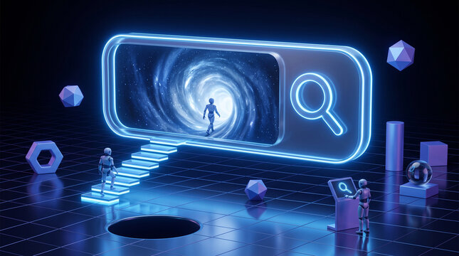 Futuristic ai concept with robots exploring a digital search portal, 3d rendering of artificial intelligence navigating a cosmic gateway in cyberspace