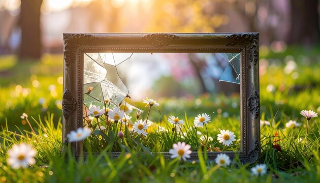 Broken picture frame on lawn with spring flowers, nature concept