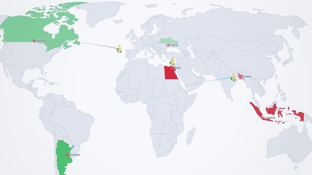 Global Wheat and Grain Export Routes on Light Map, Ukraine Canada Argentina to Egypt Indonesia Animated Motion Graphics Seamless Loop, 4K