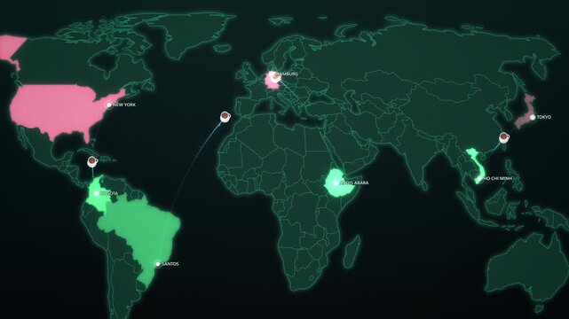 Coffee Bean Export Routes on Dark Map, Brazil Colombia Ethiopia Vietnam to Europe USA Japan Animated Motion Graphics Seamless Loop, 4K