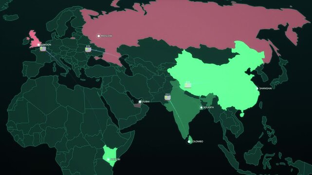 Tea Export Routes on Dark Map, India Sri Lanka Kenya China to UK Russia Animated Motion Graphics Seamless Loop, 4K