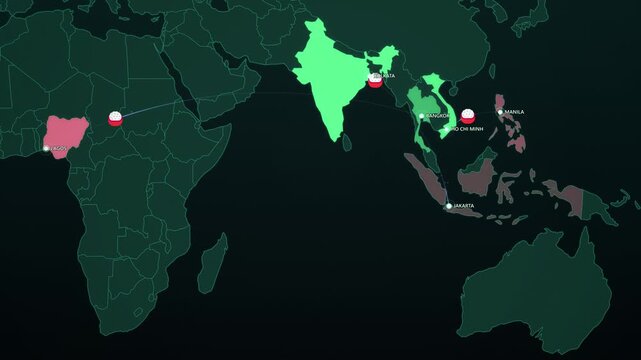 Rice Export Routes on Dark Map, Thailand Vietnam India to Nigeria Philippines Animated Motion Graphics Seamless Loop, 4K